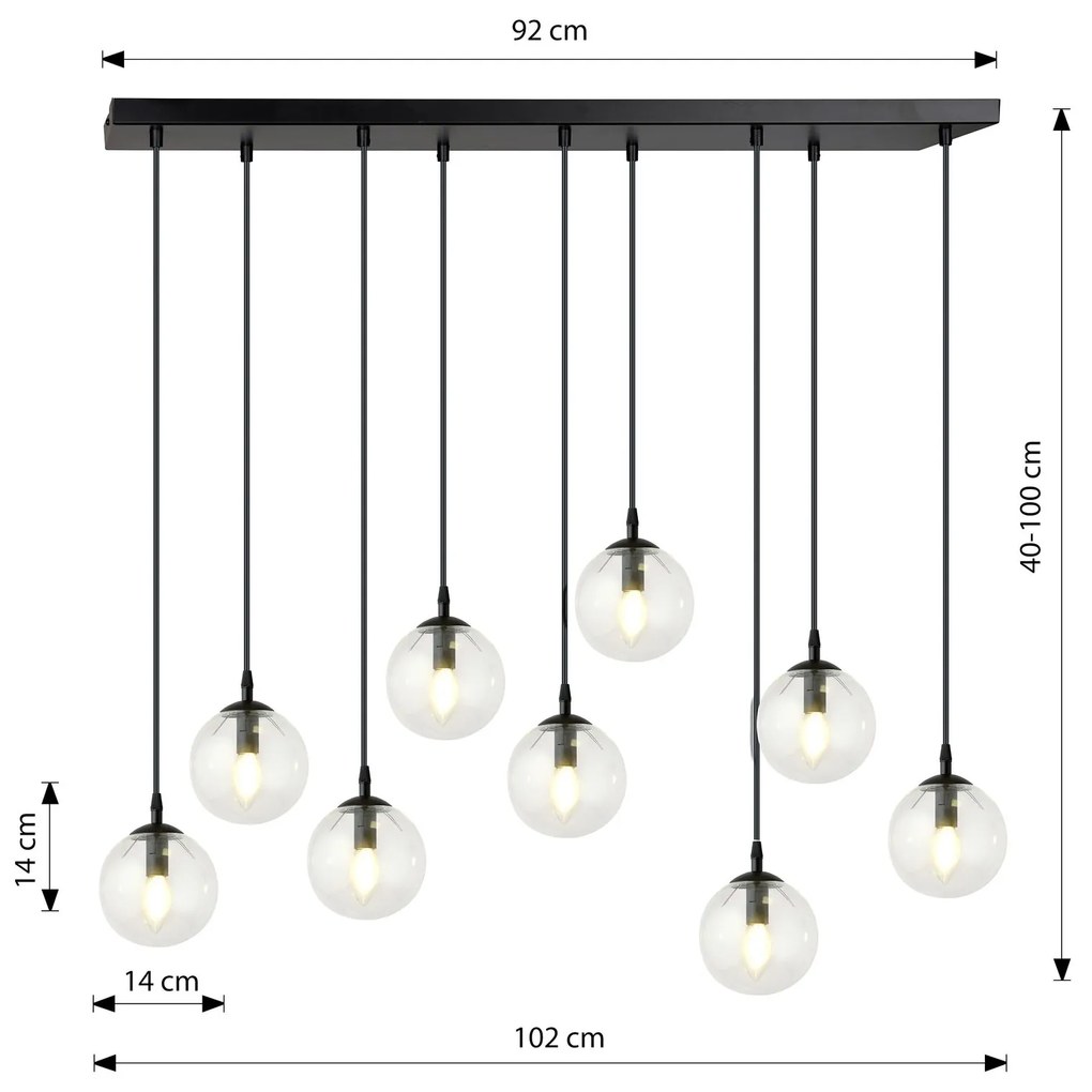 Sospensione Moderna 9 Luci Cosmo In Acciaio Nero E Sfere In Vetro Trasparente