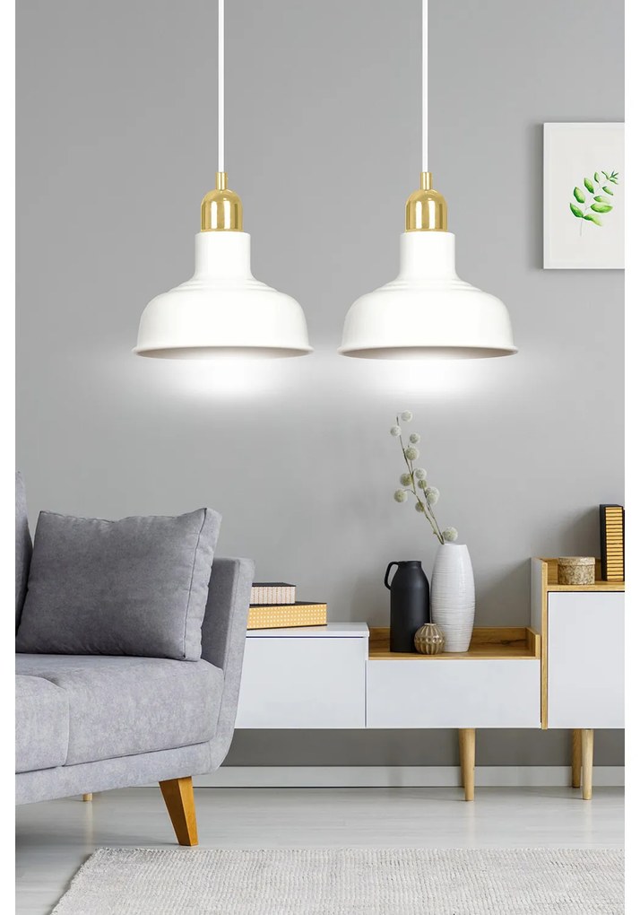 Lampadario Industrial 2 Luci Kubera In Acciaio Bianco Con Elementi In Oro