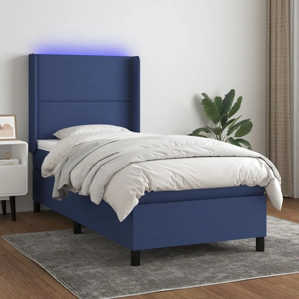 Letto a molle con materasso e led blu 80x200 cm in tessuto