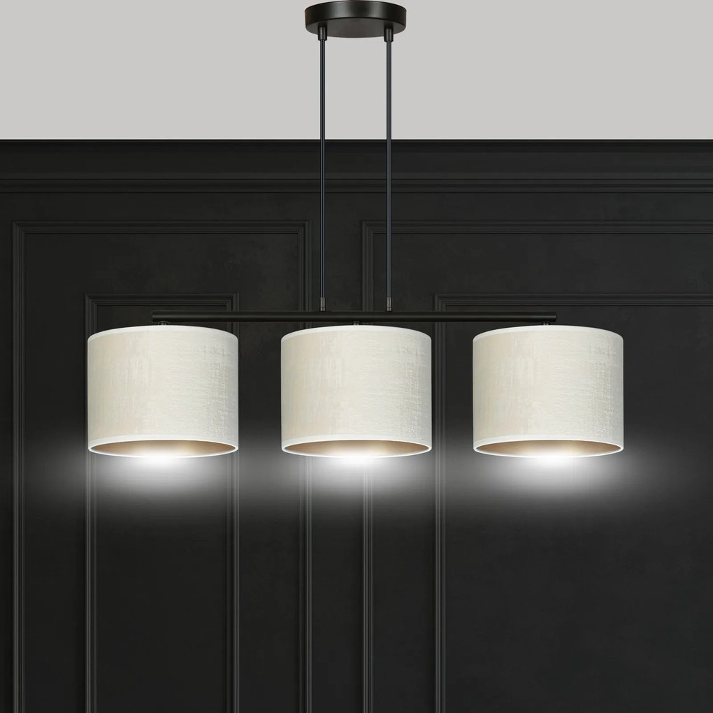 Lampadario 3 Luci Hilde In Acciaio Nero E Paralumi In Tessuto Beige