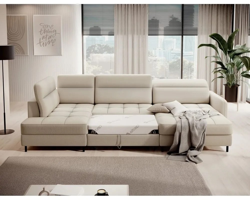 Divano angolare beige allungabile/con contenitore (con penisola a sinistra/a U) e rivestimento in velluto Berrto – ELTAP