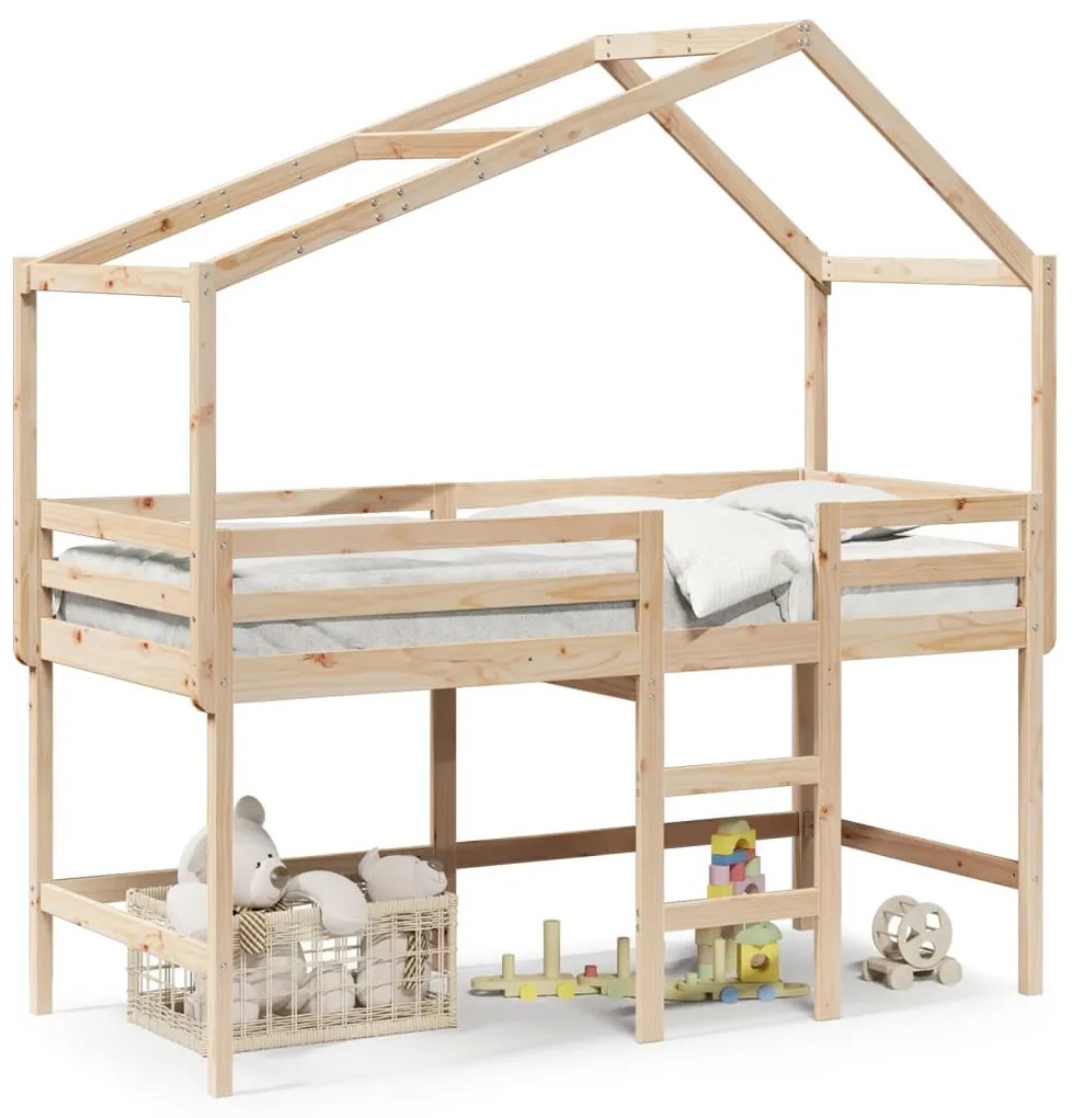 Letto Soppalco Con Scala E Tetto 90x200 Cm Legno Massello Pino /