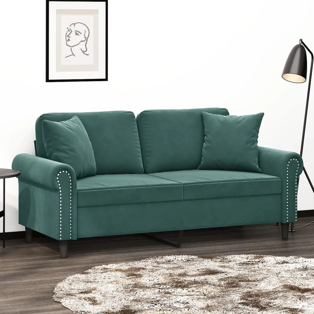 Divano A 2 Posti Con Cuscini Verde Scuro 140 Cm İn Velluto /