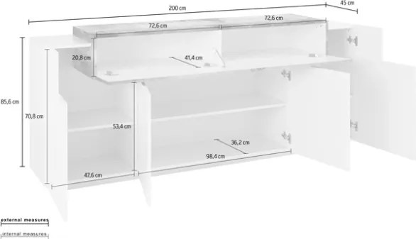 Credenza Moderna A 4 Ante 200x45x85,5 Bianco Lucido/Effetto Legno Corona