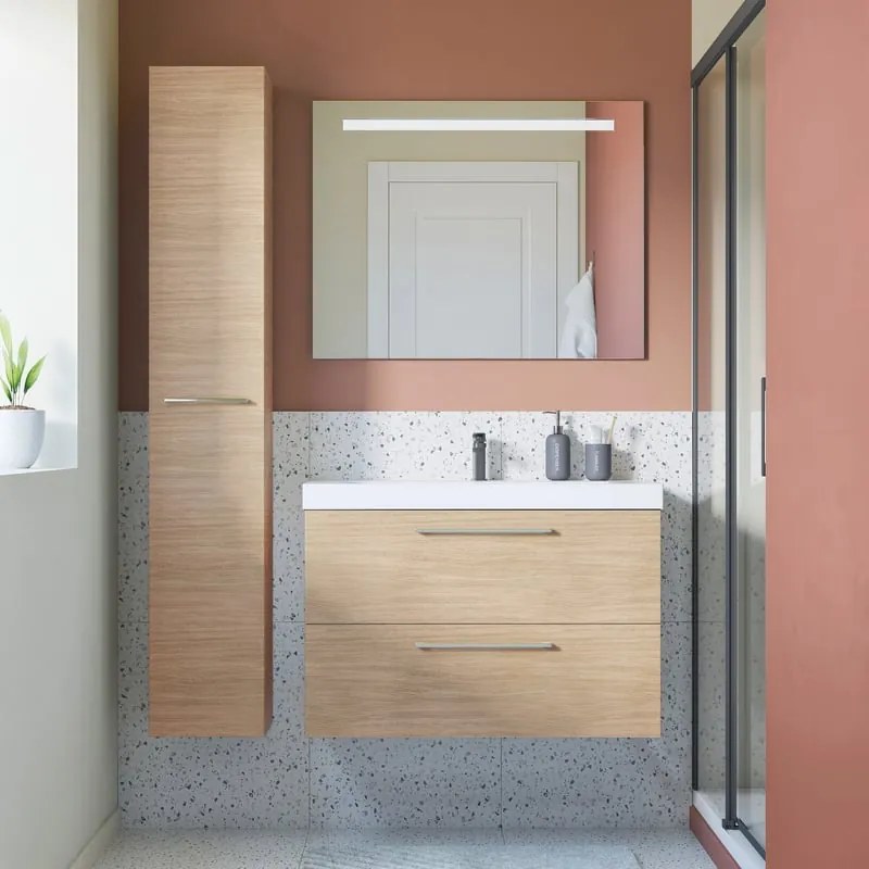 Mobile bagno con lavabo L 90 x H 57.7 x P 46 cm rovere chiaro 2 cassetti per vasca centrale Remix New