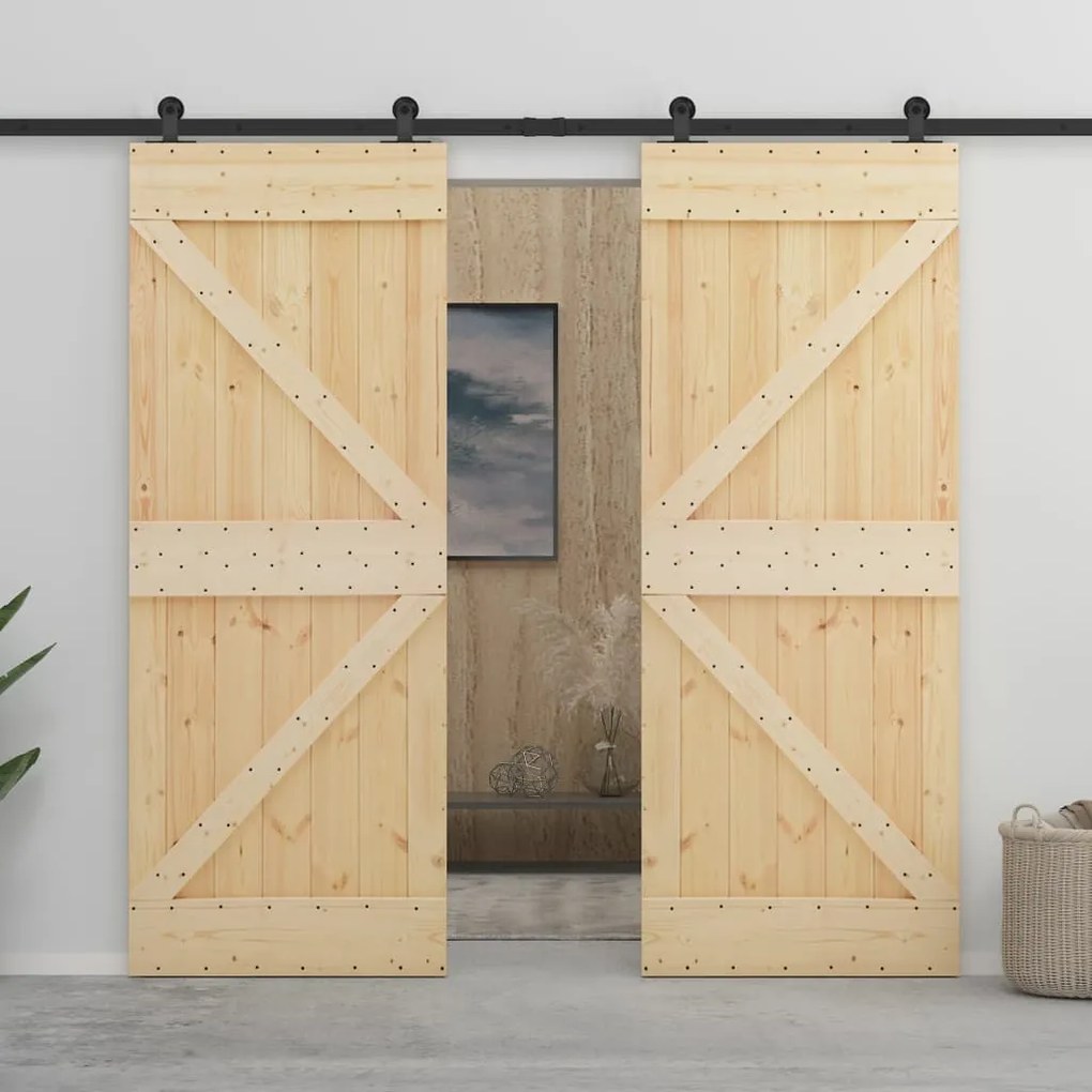 Porta Scorrevole Con Set Hardware 100x210 Cm İn Legno Di Pino /