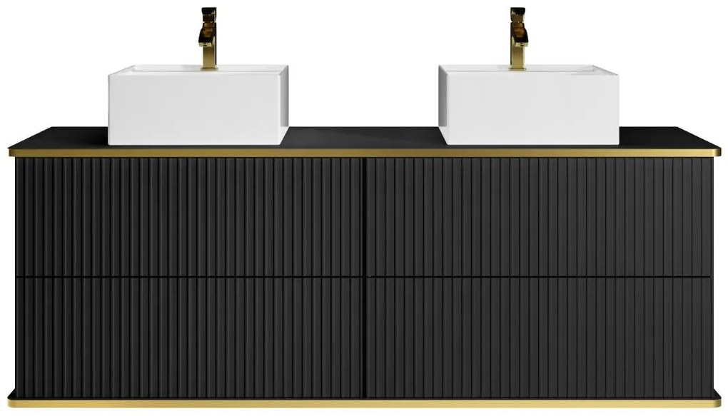 Mobile per bagno sospeso scanalature con profilo Dorato e doppio lavabo appoggio quadrato 4 cassetti 150 cm Nero - KELIZA