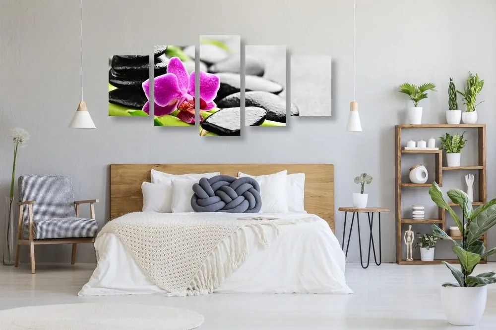 Quadri 5 pezzi – Natura morta wellness con orchidea viola