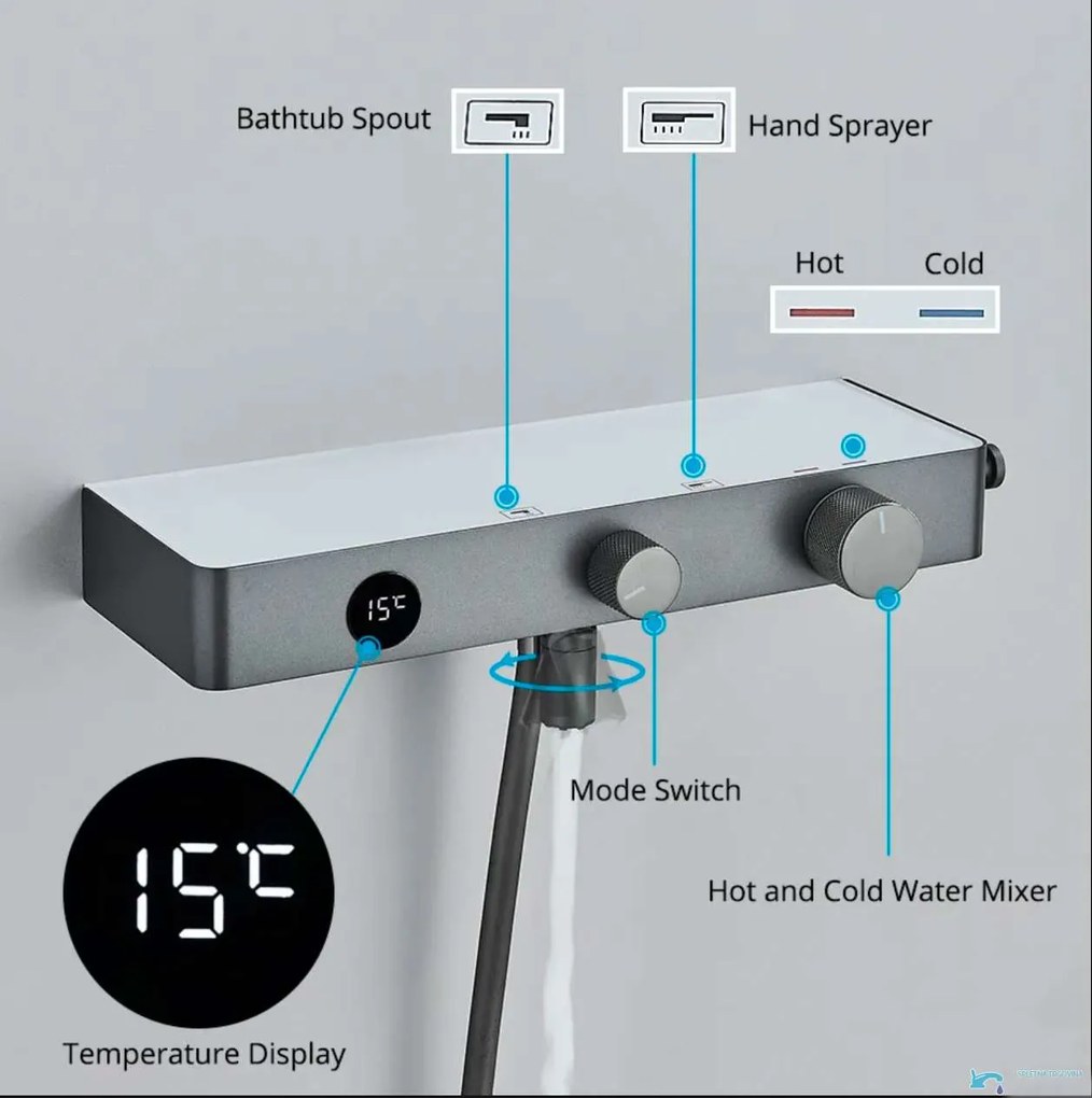 Miscelatore termostatico da parete per vasca ELITE EDITION BBT1429 con display LED, bocca girevole e doccetta multigetto, grigio grafite