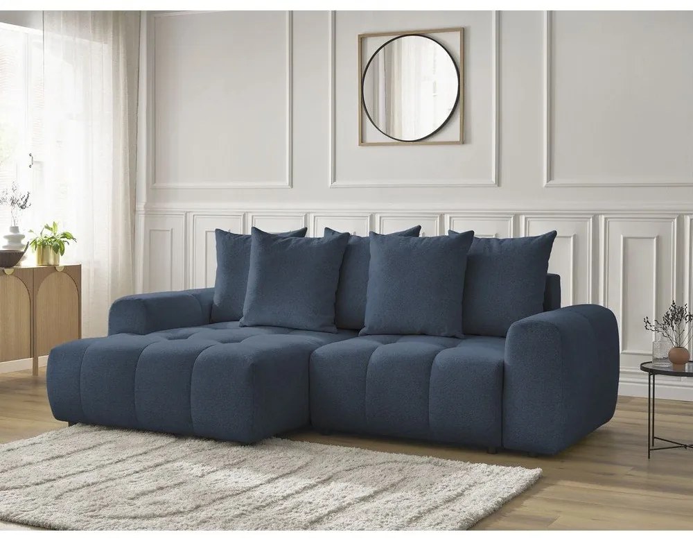 Divano angolare blu allungabile/con contenitore (con penisola a sinistra/con chaise lounge) con rivestimento in ciniglia Roxelane – Bobochic Paris