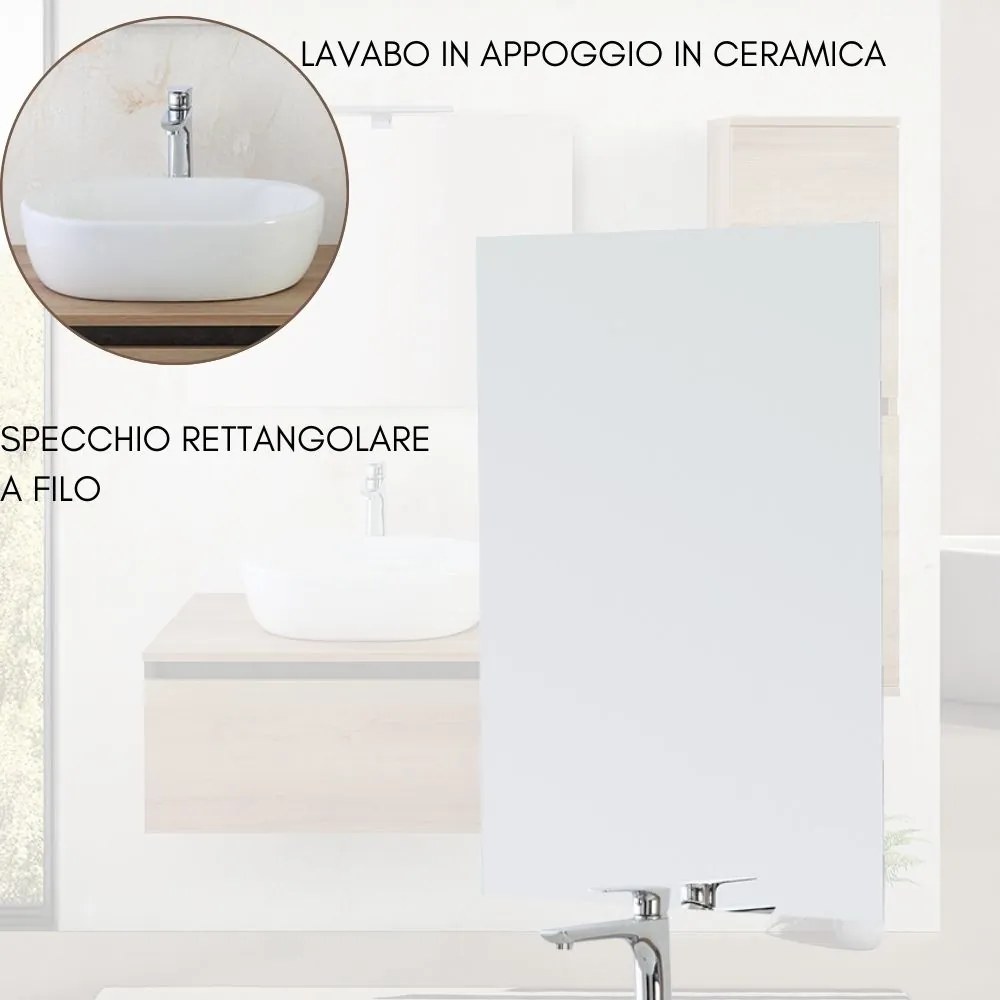 Mobile Bagno Sospeso con Lavabo da Appoggio e Specchio 1 Cassetto Salvaspazio in Legno  80 cm - Rovere di Bordeaux