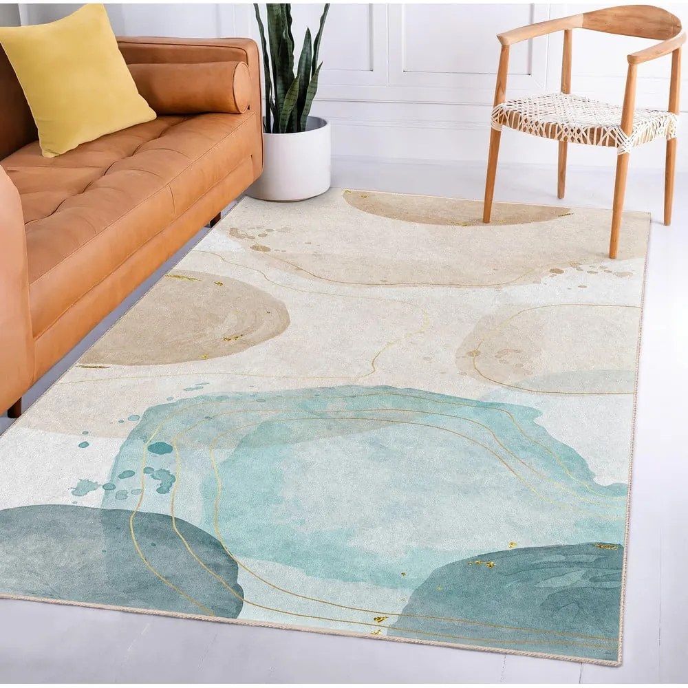 Passatoia color crema/turchese lavabile 80x200 cm Puddle – Mila Home