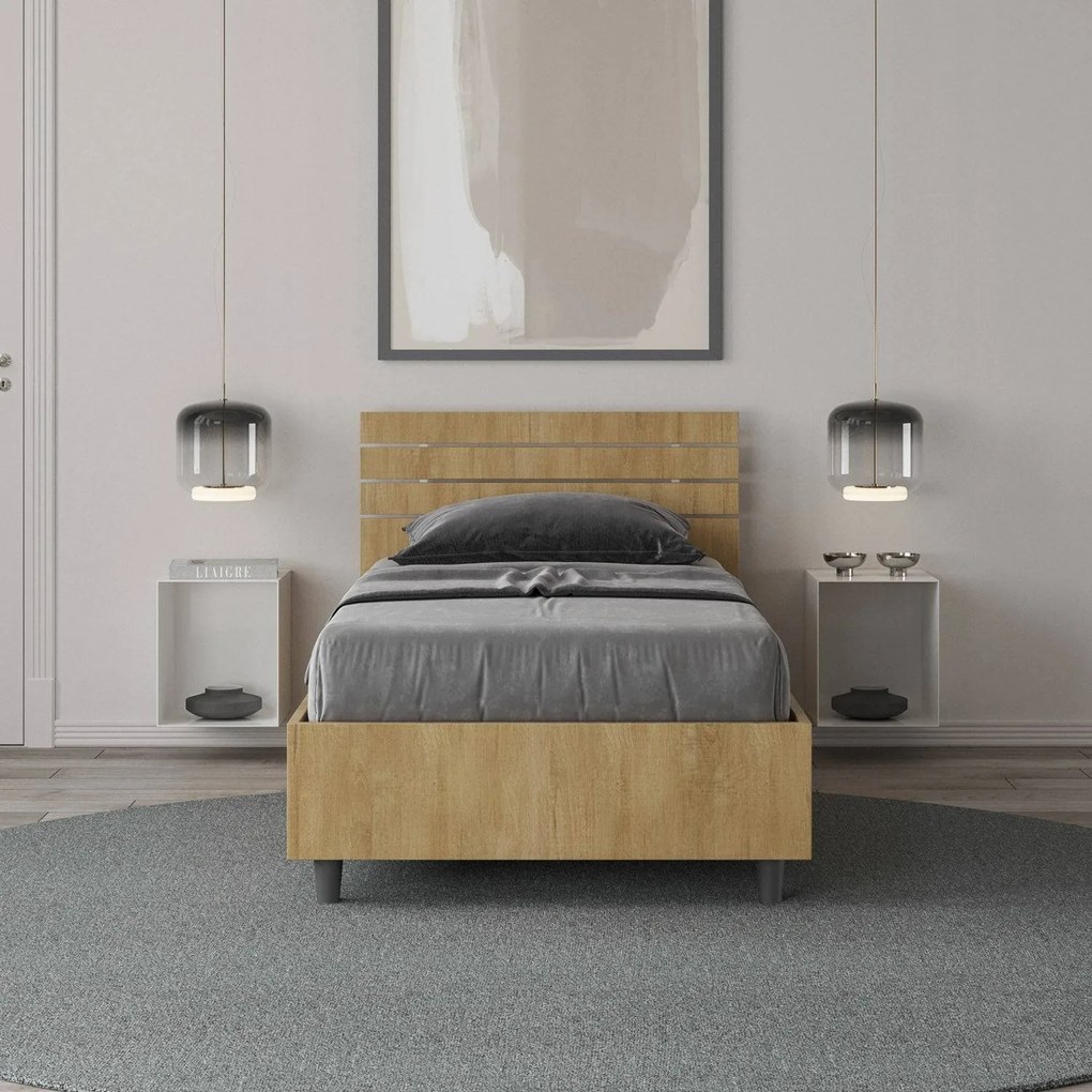 Letto singolo senza rete, con rete e contenitore testata dritta con doghe Ankel, Quercia / Contenitore