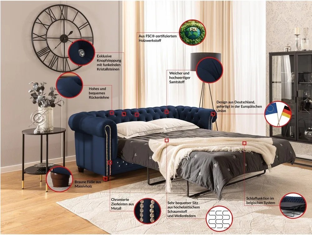 Divano blu allungabile con rivestimento in velluto 203 cm York Blik – Ropez