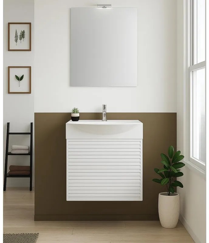 Mobile bagno con lavabo e specchio e illuminazione L 50 x H 58 x P 40 cm laccato opaco bianco, 1 anta per vasca centrale Mini50s
