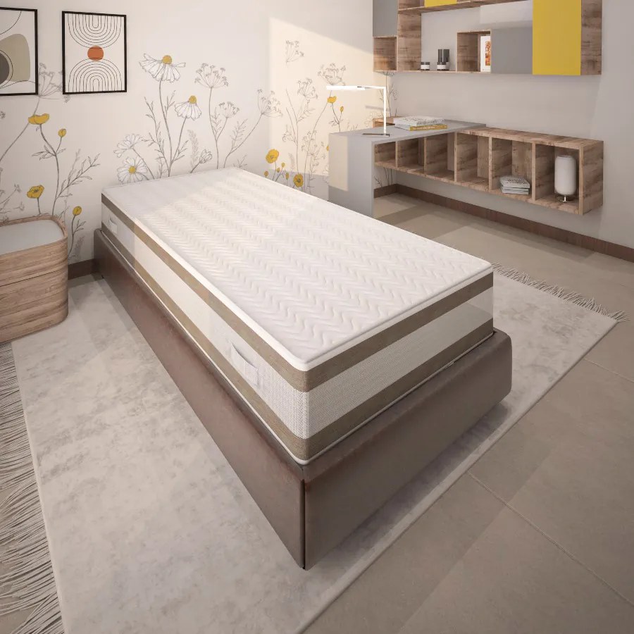 Materasso singolo tre strati Memory Foam bianco con tessuto a motivi grigi e fascia in tessuto grigio - Da Vinci