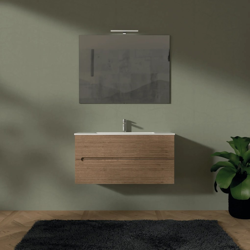 Mobile Bagno Sospeso Cannettato 100 Cm Due Cassetti Specchio Con Lampada Led 70x100 Cm AdattoCasa "Rigo" Rovere Farnia