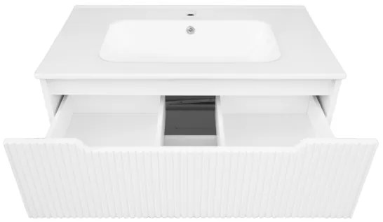 Mobile Da Bagno Cannettato 60 Cm Con Lavabo Specchio E Led LINE - Bianco Lucido