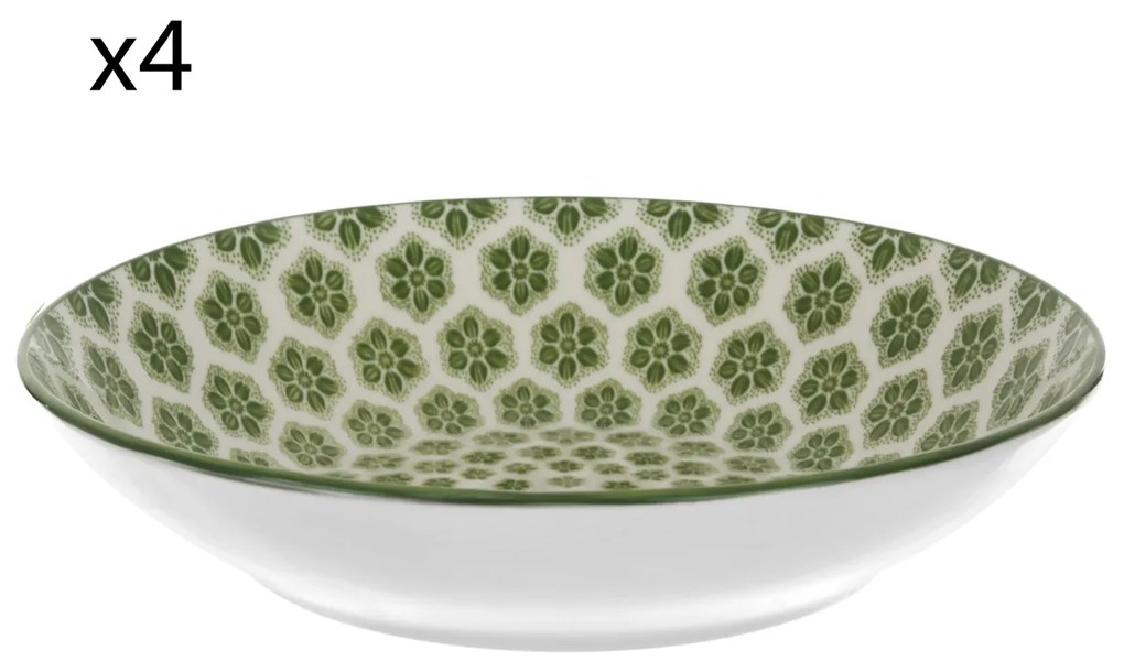 Set 4 piatti fondi geometria fiori verde porcellana Hanami