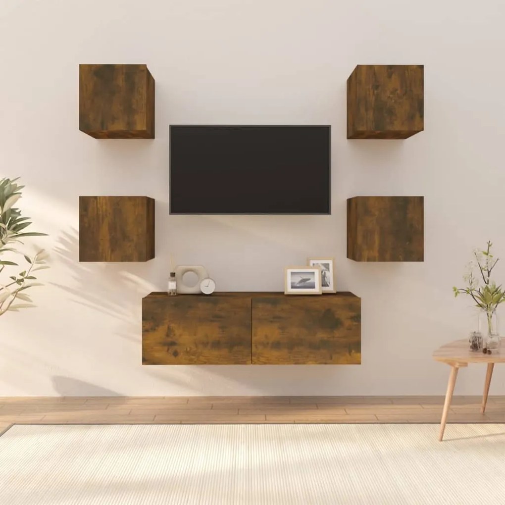 Set Di Mobili Tv A Parete Rovere Fumo İn Legno Multistrato /