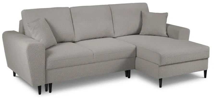 Divano angolare grigio chiaro allungabile e con contenitore (con penisola a destra/con chaise lounge) con rivestimento in bouclé Kyoto – Cosmopolitan Design
