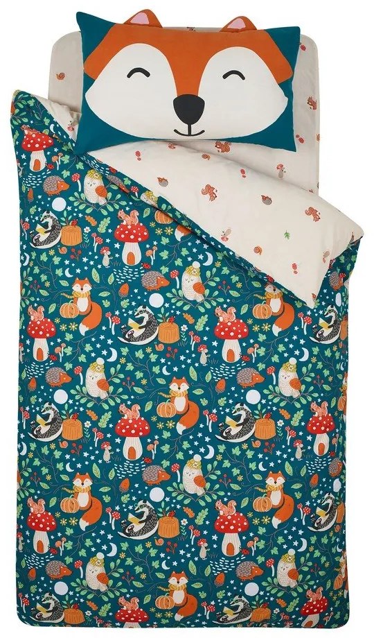 Set copripiumino e federa da bambini verde e beige per letto matrimoniale 200x200 cm Fox and Woodland Friends – Catherine Lansfield