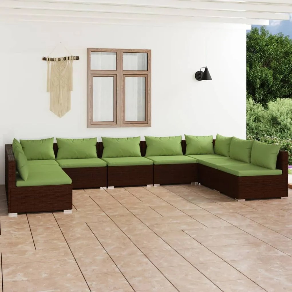 Set Divani da Giardino 9 pz con Cuscini in Polyrattan Marrone