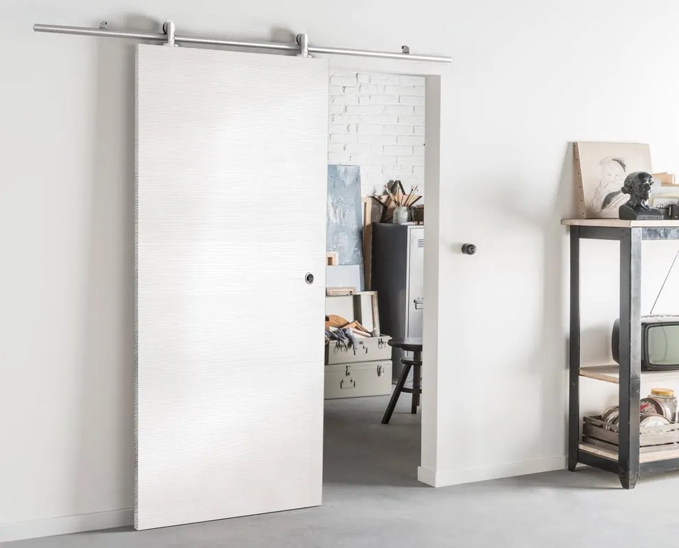Porta scorrevole Trinity in mdf bianco, L 93 x H 212 cm, con binario Ermes Reversibile