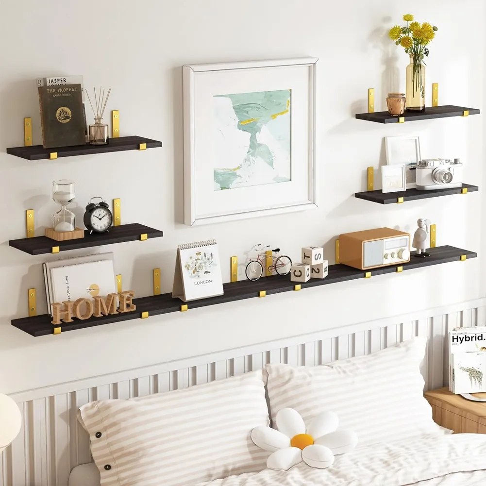 Set 8 Mensole da Parete 40x15x1,5 cm Staffe Oro Scaffalatura da Muro in Legno Nero...