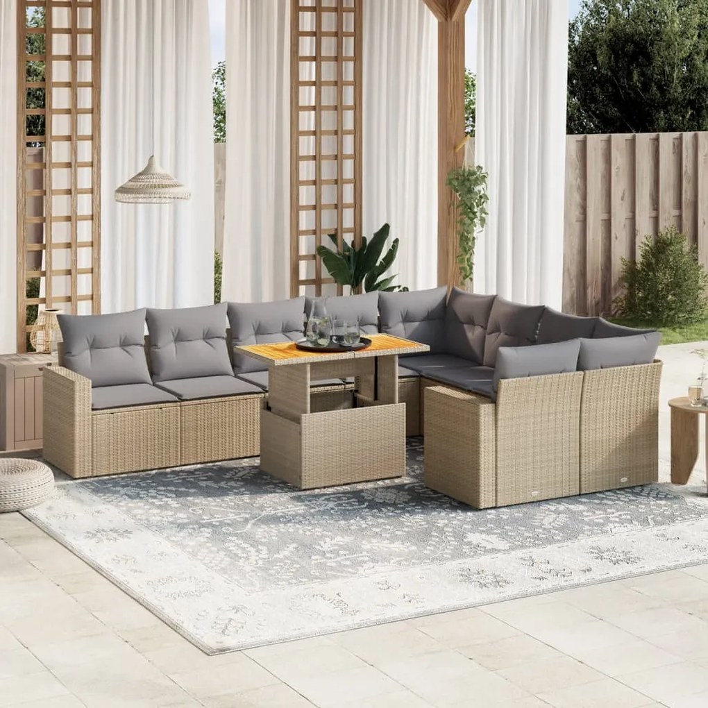 Set divano da giardino 10 pz con cuscini beige in polyrattan