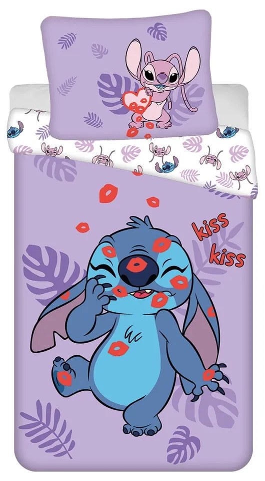 Set copripiumino e federa da bambini viola in cotone per letto singolo 140x200 cm Lilo and Stitch "Kiss" – Jerry Fabrics