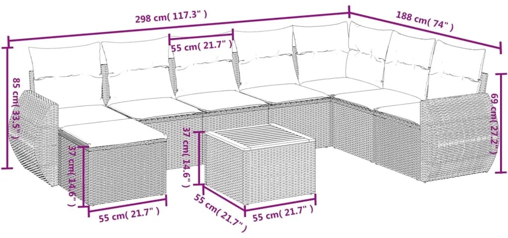 Set divano da giardino 9 pz con cuscini grigio in polyrattan