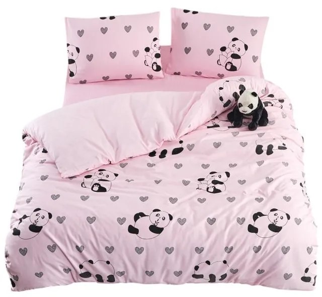Set copripiumino e federa rosa per letto singolo o esteso con lenzuolo incluso/3 pezzi 160x220 cm Panda – Mila Home