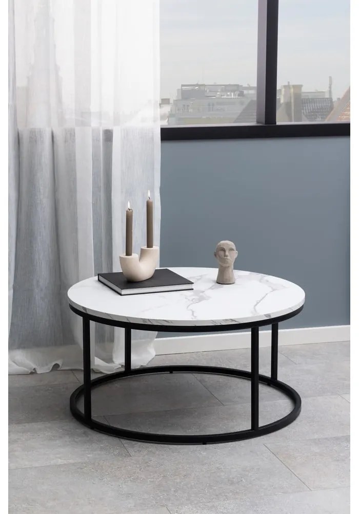 Tavolino rotondo bianco con piano effetto marmo ø 80 cm Spiro - Actona