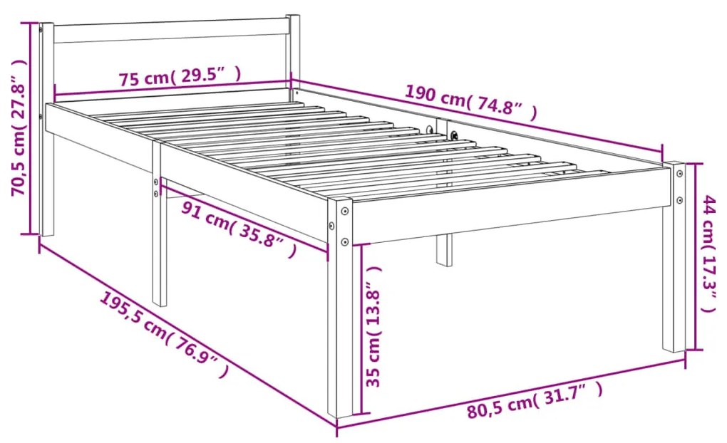 Letto per Anziani Bianco 75x190 cm Small Single Legno di Pino