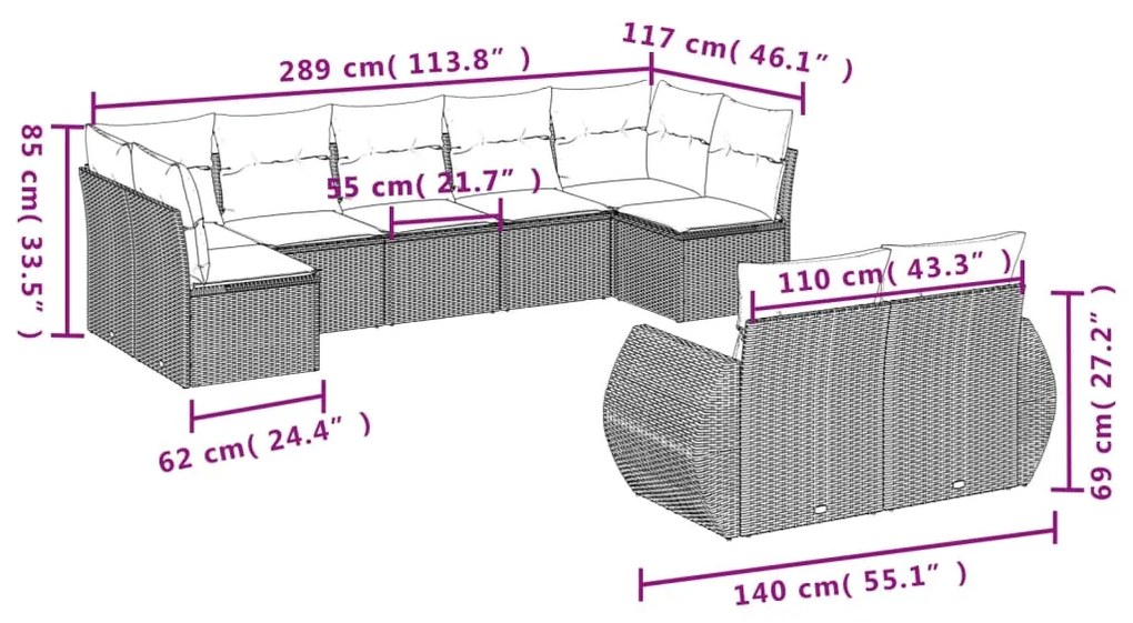 Set divano da giardino 9pz con cuscini grigio chiaro polyrattan