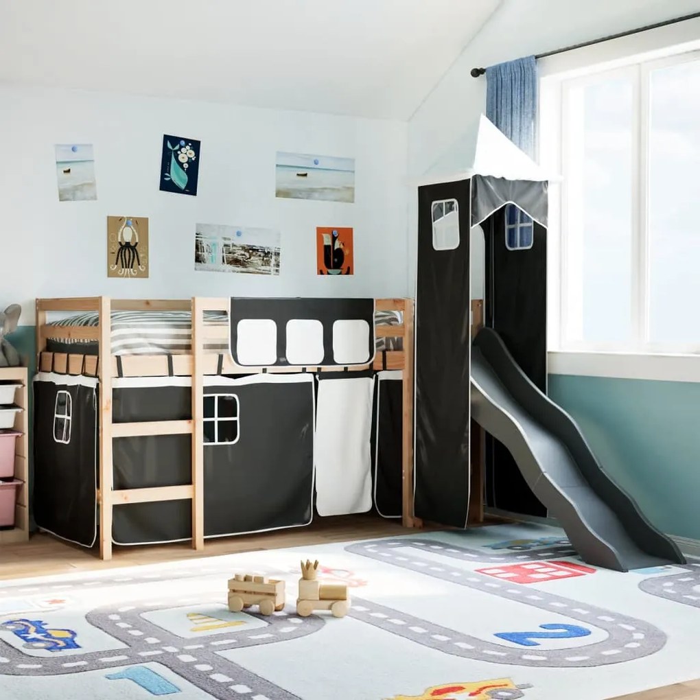 Letto A Soppalco Con Torre Bambini Bianco E Nero 80x200cm Pino /