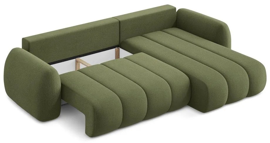 Divano angolare verde allungabile/con contenitore (con penisola a destra/con chaise lounge) con rivestimento in bouclé Pele – Makamii