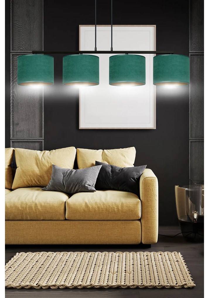 Lampadario 4 Luci Ganesha In Acciaio Nero E Paralumi In Tessuto Verde