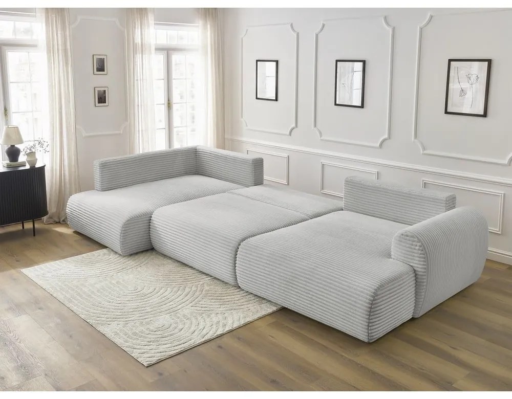 Divano angolare in grigio chiaro allungabile (con penisola a destra/a forma di "U") con rivestimento in velluto a coste Lucien – Bobochic Paris