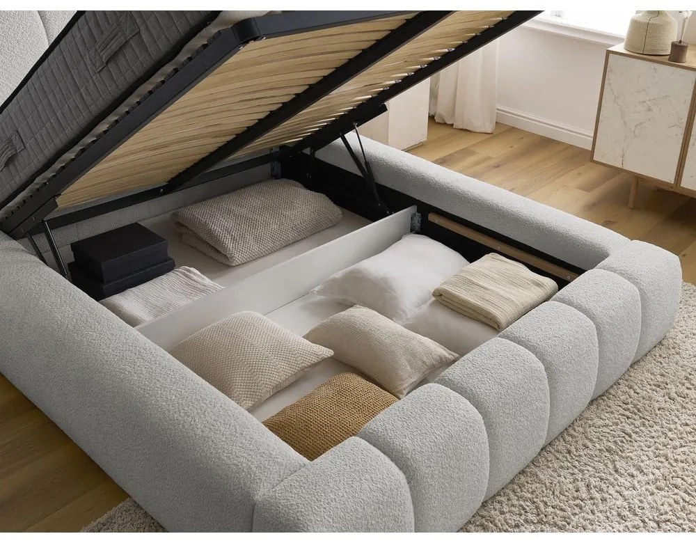 Letto matrimoniale imbottito in grigio chiaro con contenitore con rete inclusa 180x200 cm Denali – Bobochic Paris