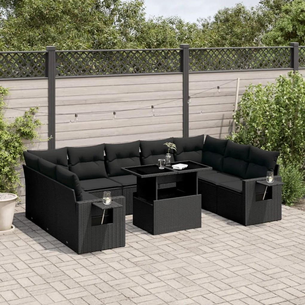 Set divani da giardino 10pz con cuscini in polyrattan nero