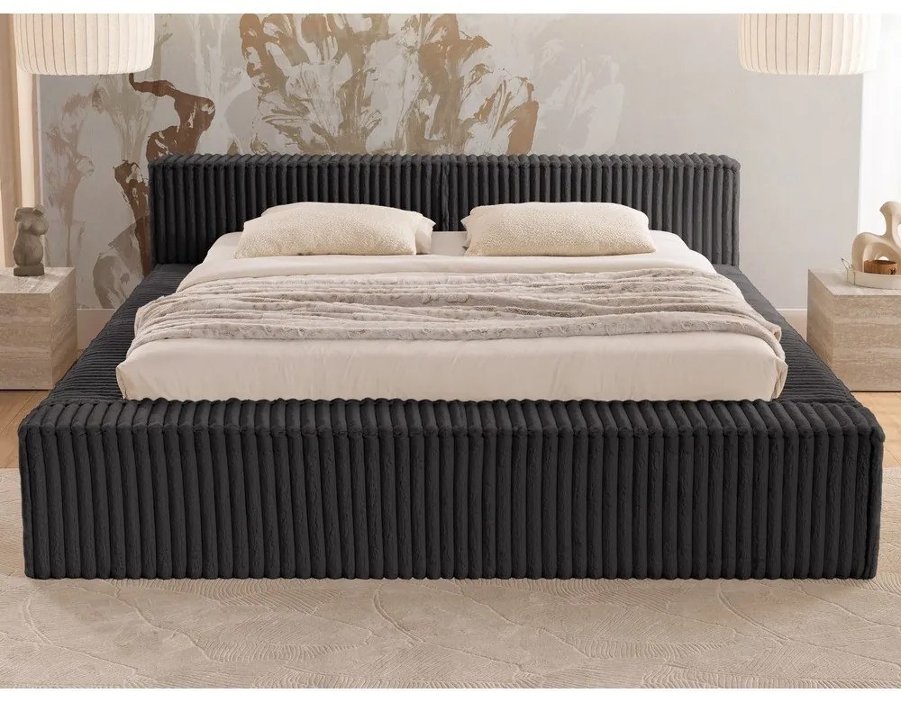 Letto matrimoniale imbottito nero con contenitore e rete inclusi 160x200 cm Cloe – Ropez