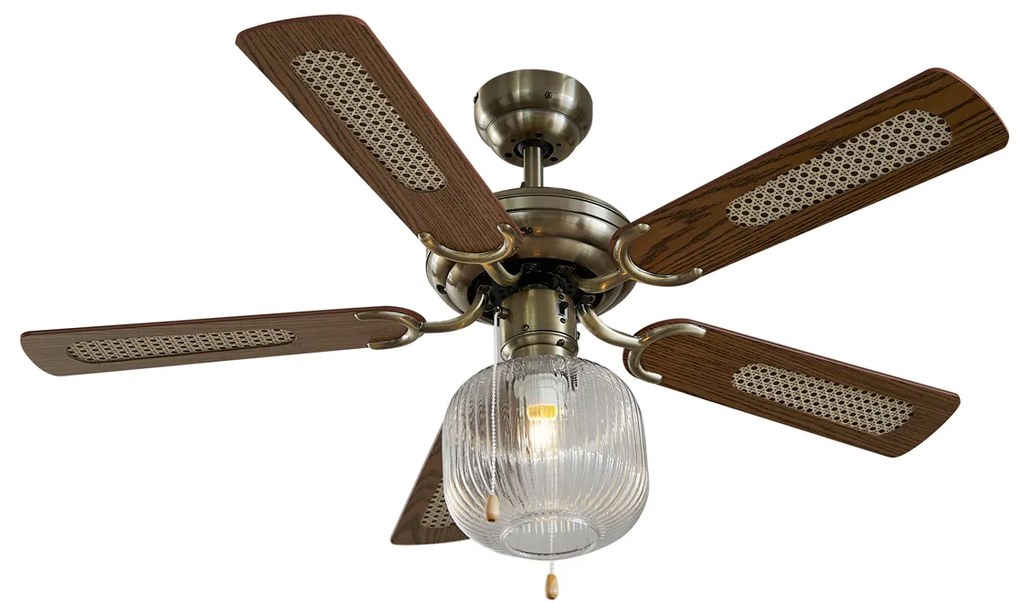 Ventilatore da soffitto in ottone con legno 107,5 cm con interruttore a tirante - Mistral Karel