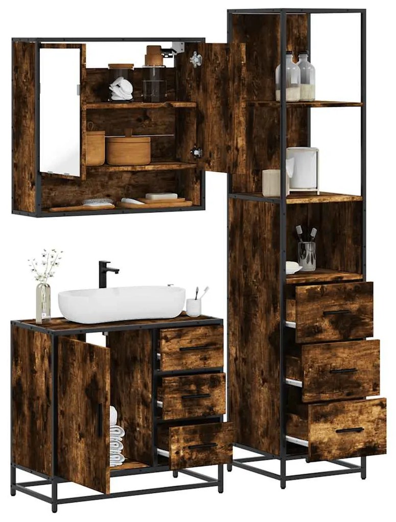 Set Mobili Da Bagno 3 Pz Rovere Fumo İn Legno Multistrato /