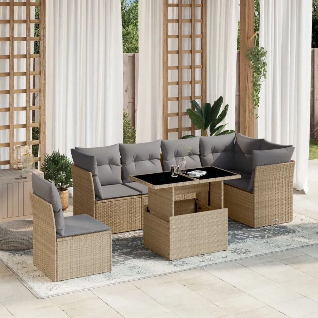 Set divani da giardino 7 pz con cuscini beige in polyrattan