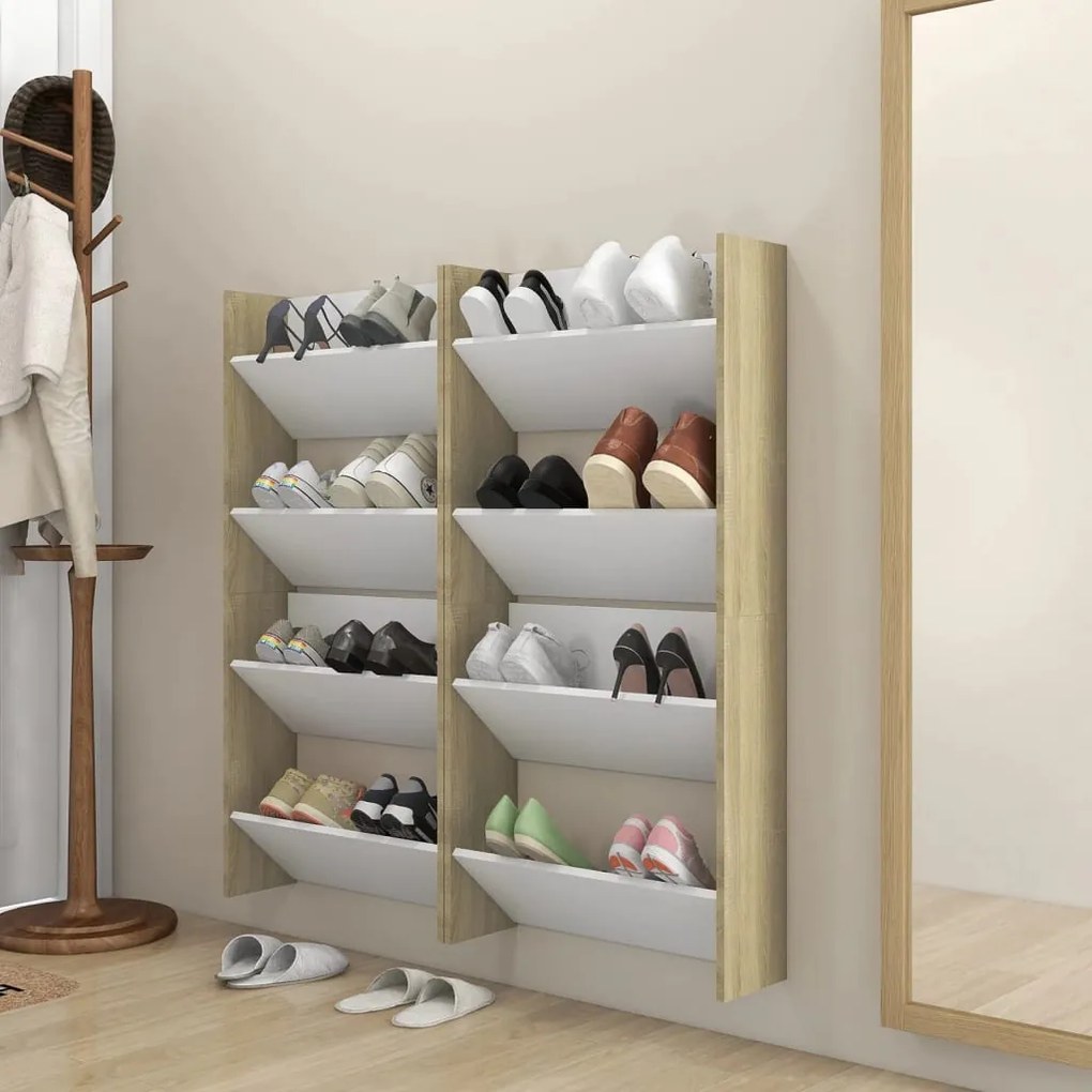 Scarpiere Muro 4pz Bianco E Sonoma 60x18x60cm Legno Multistrato /