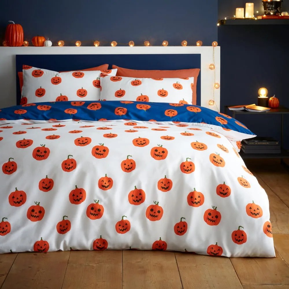 Set copripiumino e federa blu e arancione per letto matrimoniale e per letto esteso 230x220 cm Halloween Pumpkins – Catherine Lansfield