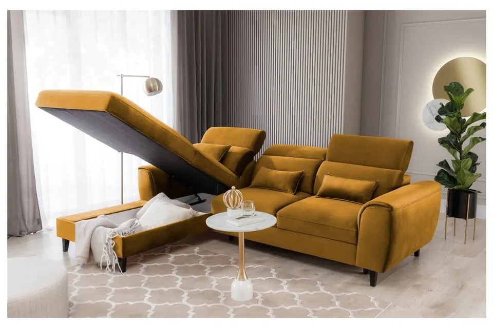 Divano angolare giallo allungabile/con contenitore (con penisola a sinistra/con chaise lounge) e rivestimento in velluto Foble – ELTAP