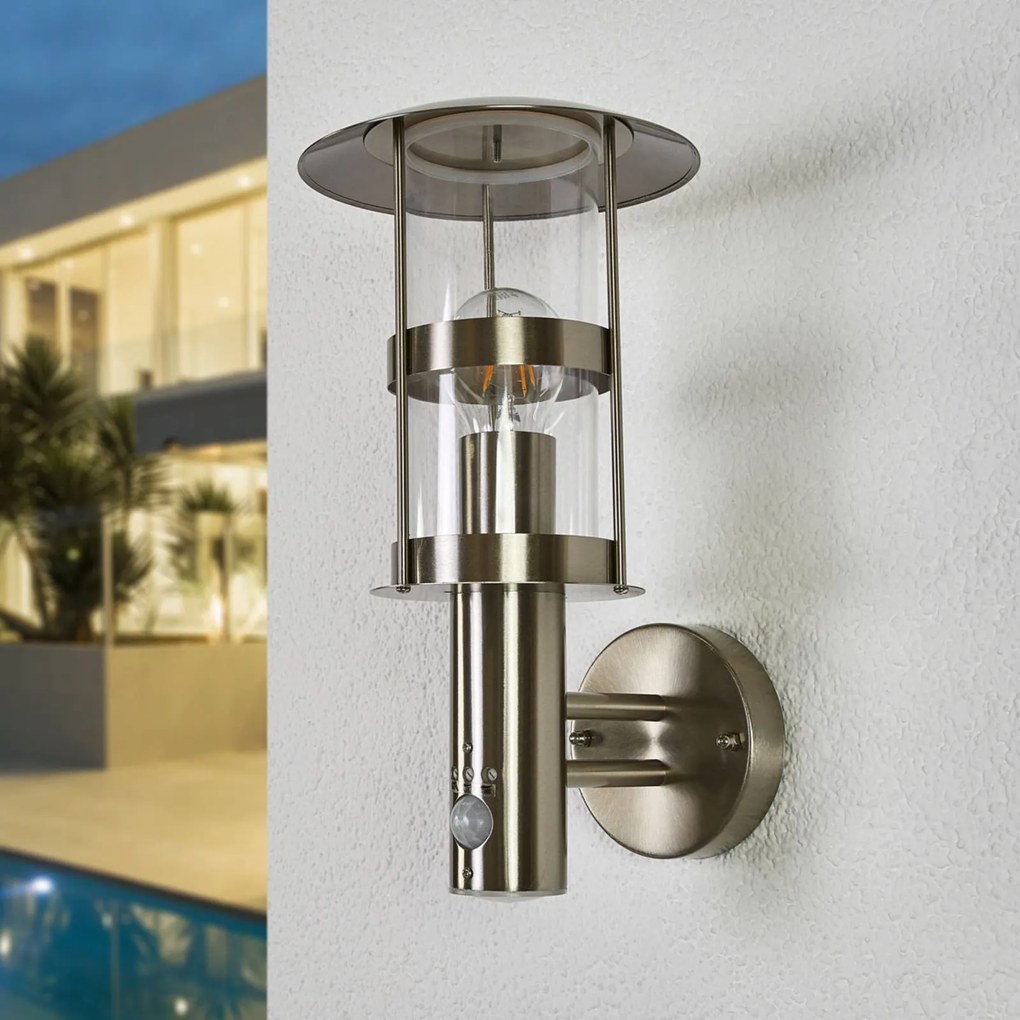 Lindby Applique da esterno Noemi, sensore, grigio, acciaio inox, 34 cm